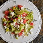 Courgette ribbon salad with watermelon feta and fennel pollen