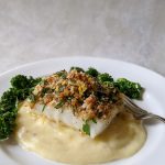 Roast Cod with Parsley breadcrumbs on celeriac mash with crispy kale